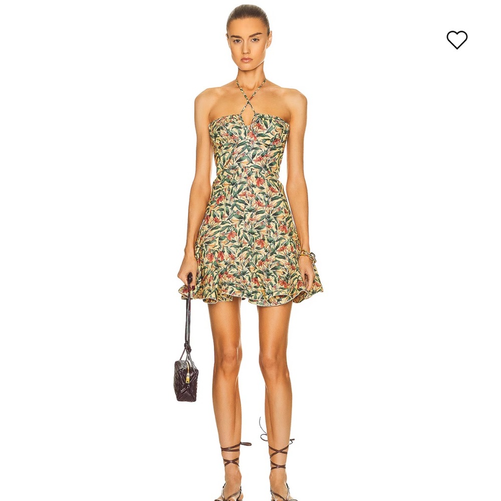 Agua Bendita Strapless Tropical Print Mini Dress in Green and Coral